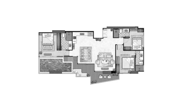 Condominium floor plan, 3 bedrooms in The Riviera California No. 11009 (2D)